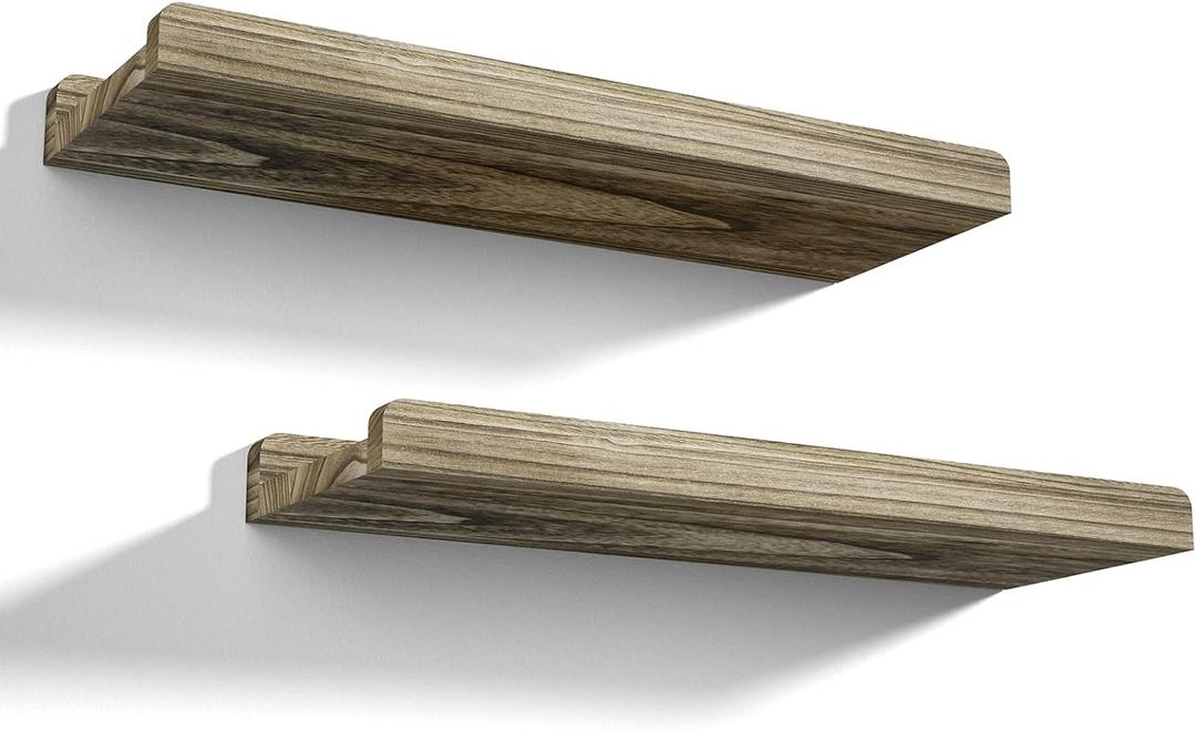 Love-KANKEI Floating Shelves Wall Mounted Set of 2,17 Inch Rustic Wood Wall Shelves for Storage, Bedroom Living Room Bathroom Kitchen Office and More Carbonized Black