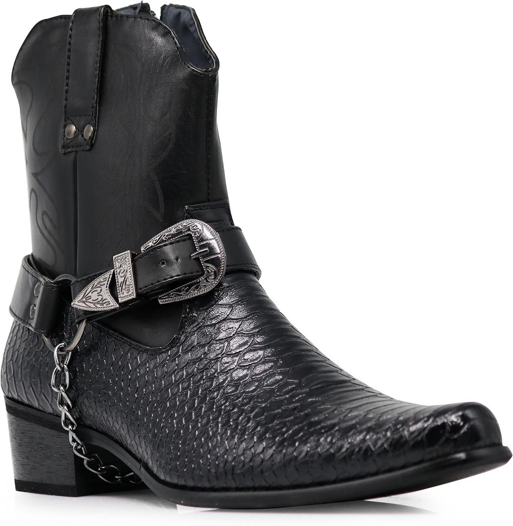 Alberto Fellini Men's Crocodile Prints Western Cowboy Boots with Side Zipper, Belt Buckle and Metal Chain (9.5, Black)