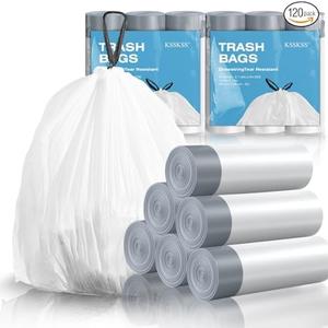 60 Counts 1.6 Gallon Mini Drawstring Trash Bags, Small Garbage Bags by KSSKSS, Code a fit 4.5-8 Liter, 1.2-2 Gal, White Trash Bin Liners for Home Office Kitchen Bathroom Bedroom