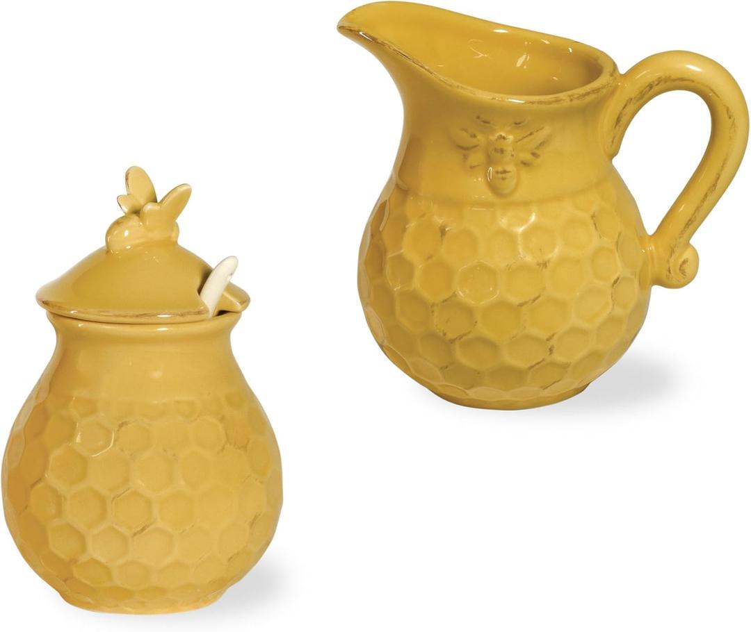 Boston International Embossed Stoneware Cream and Sugar Set, 2-Piece Set, Honeycomb