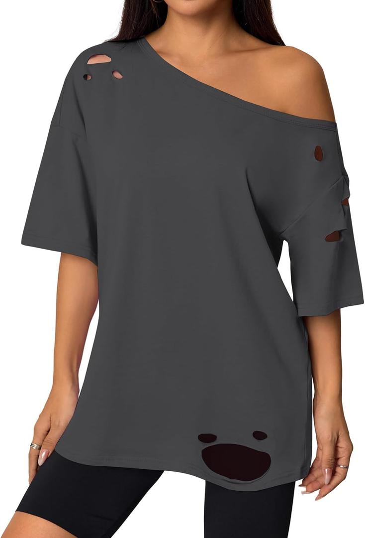 Remidoo Women Distressed Ripped Off the Shoulder Tops Summer Sexy Short Sleeve Oversized Tshirt (Gray, S)