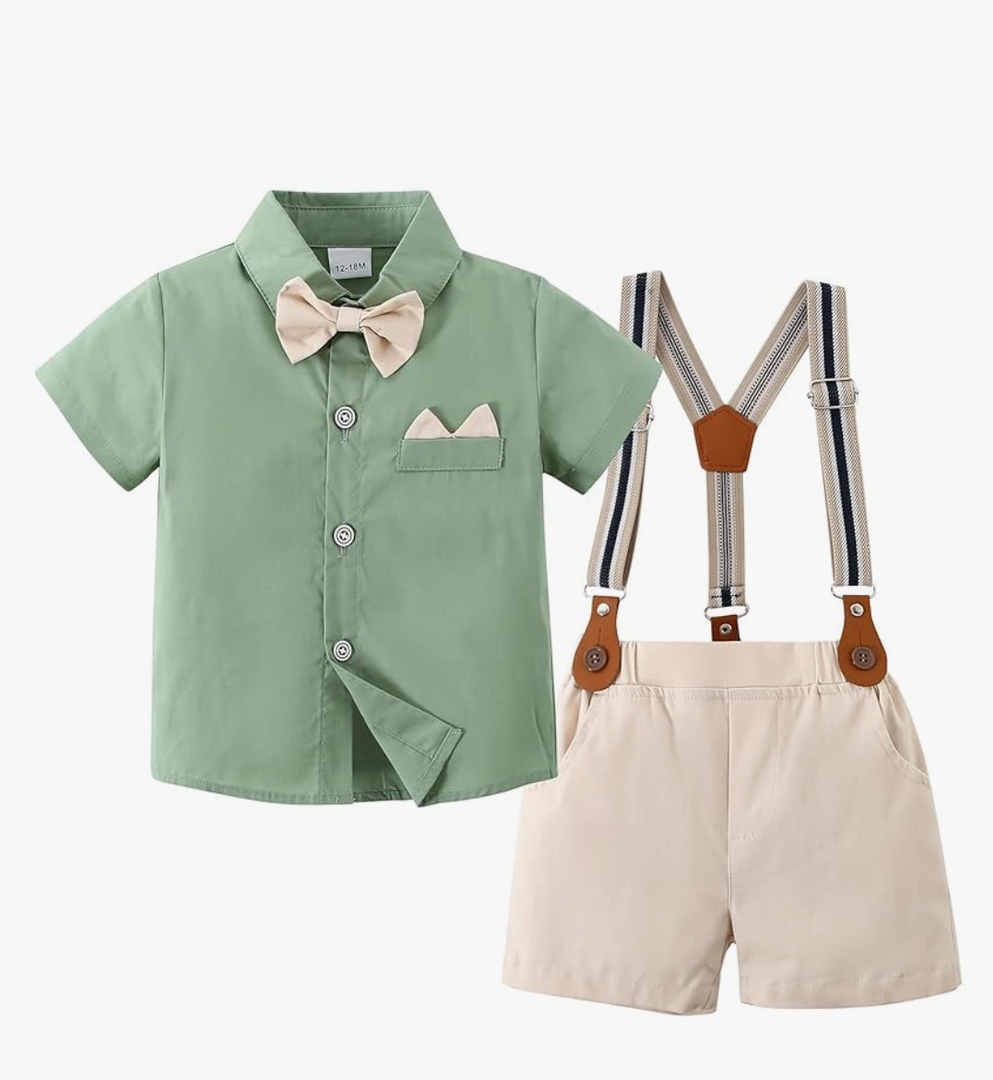 YALLET Toddler Baby Boy Outfits Boys Suits Gentleman Short Sleeve Button Shirts+Bowtie+Suspender Shorts Formal Clothes, 5Y