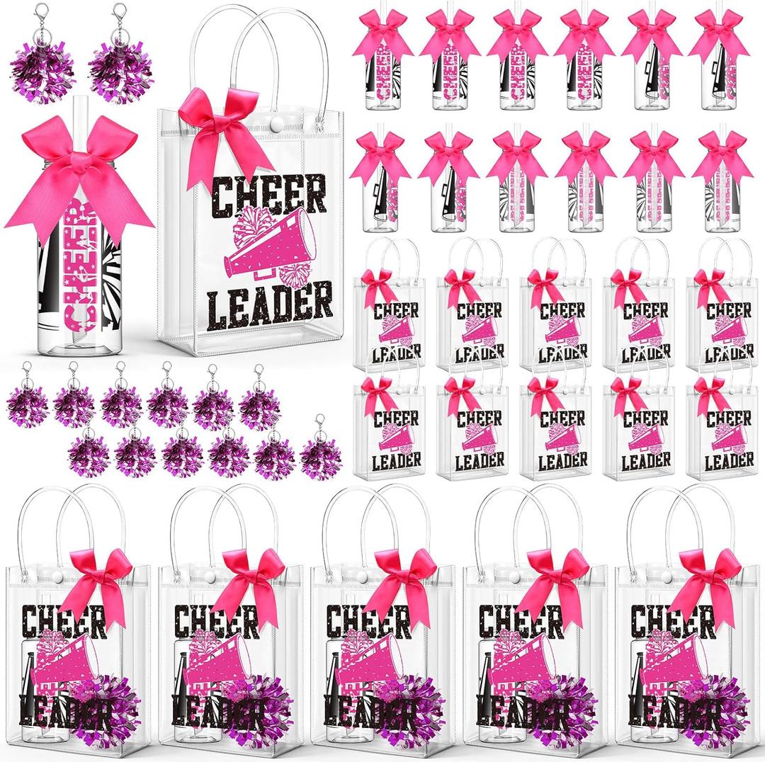 LemonRoad 36 Pcs Cheerleader Gift Bulk for Team Cheer Tumbler Cups Pom Pom Keychain Bags Bow Water Bottles with Lid and Straw for Cheerleader Women Sport Party Favor (Rose Red)