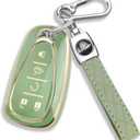 QBUC for Chevy Key Fob Cover with Leather Keychain Soft TPU Protection Case Compatible with 2016-2026 Chevy Malibu Blazer Traverse Equinox Trailblazer 5-Buttons(Gold Trim Green)