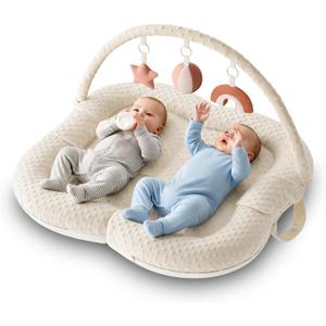 Twins Baby Play Mats for Floor Activity Gym - 5-in-1 Support Cushion Baby Play Mat Tummy Time Mat for Supervised Bonding with Arch, Plush Toys, Flashcards & Developmental Book - Beige