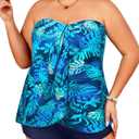 Daci Plus Size Bandeau Tankini Swimsuit for Women 2 Piece Halter Swim Top with Shorts Tummy Control Bathing Suits (Blue Leaves)