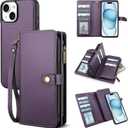 TwoHead Wallet Case Compatible with iPhone 15,Detachable Magnetic Phone Case,All-Round Protective Leather Phone Case with Card Holder,6.1 in,Deep Purple