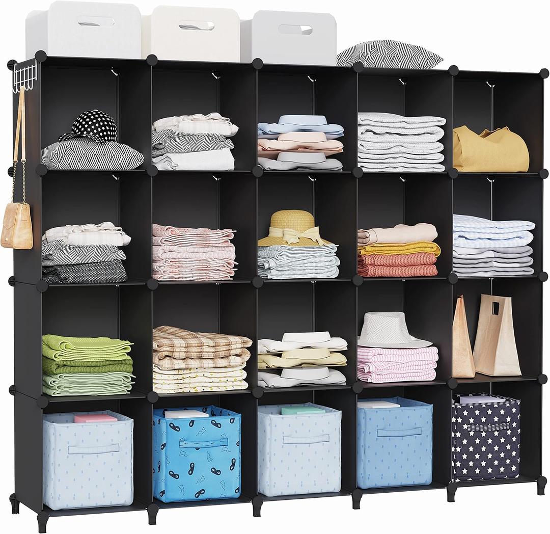 HOMIDEC 20-Cube Black Storage Organizer, Modular Shelf With Hammer, Storage Bin Cabinet Closet Bookshelf for Living Room, Bedroom, Office, Each Cube Size 11.8 x 11.8 Inch