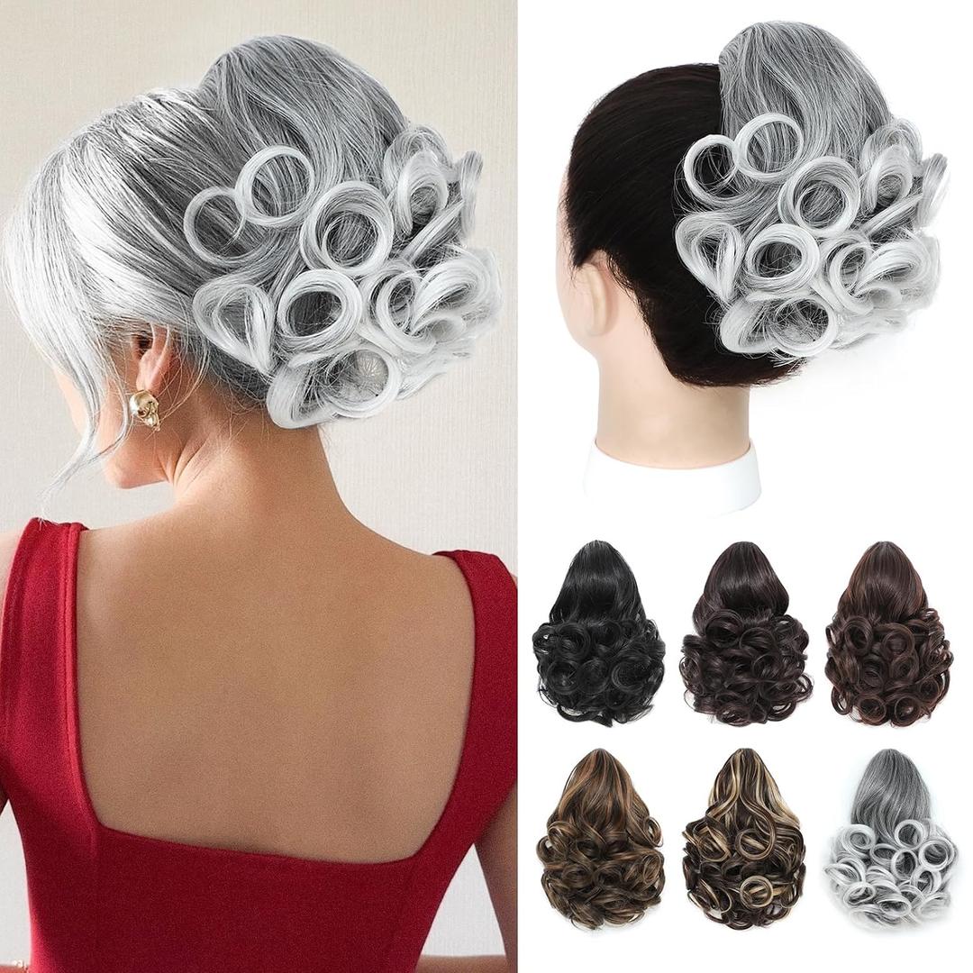 Ponytail Extension,10" Claw Clip in Ponytail Extensions Short Curly Ponytail Hairpiece for Women Fluffy Natural Synthetic Pony Tails for Daily Use(Grey with White Ends)