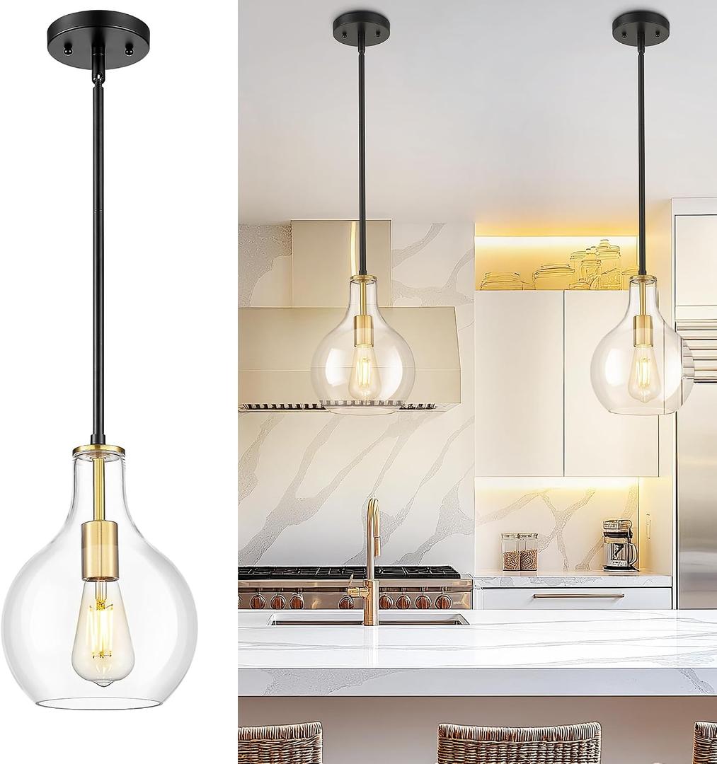 Emak Black and Gold Pendant Lights Kitchen Island, 8 Inch Pendant Light Fixtures with Clear Glass Shade, Modern Farmhouse Island Lights for Kitchen, Dining Room, Bathroom, PL125-BKBGD-CG