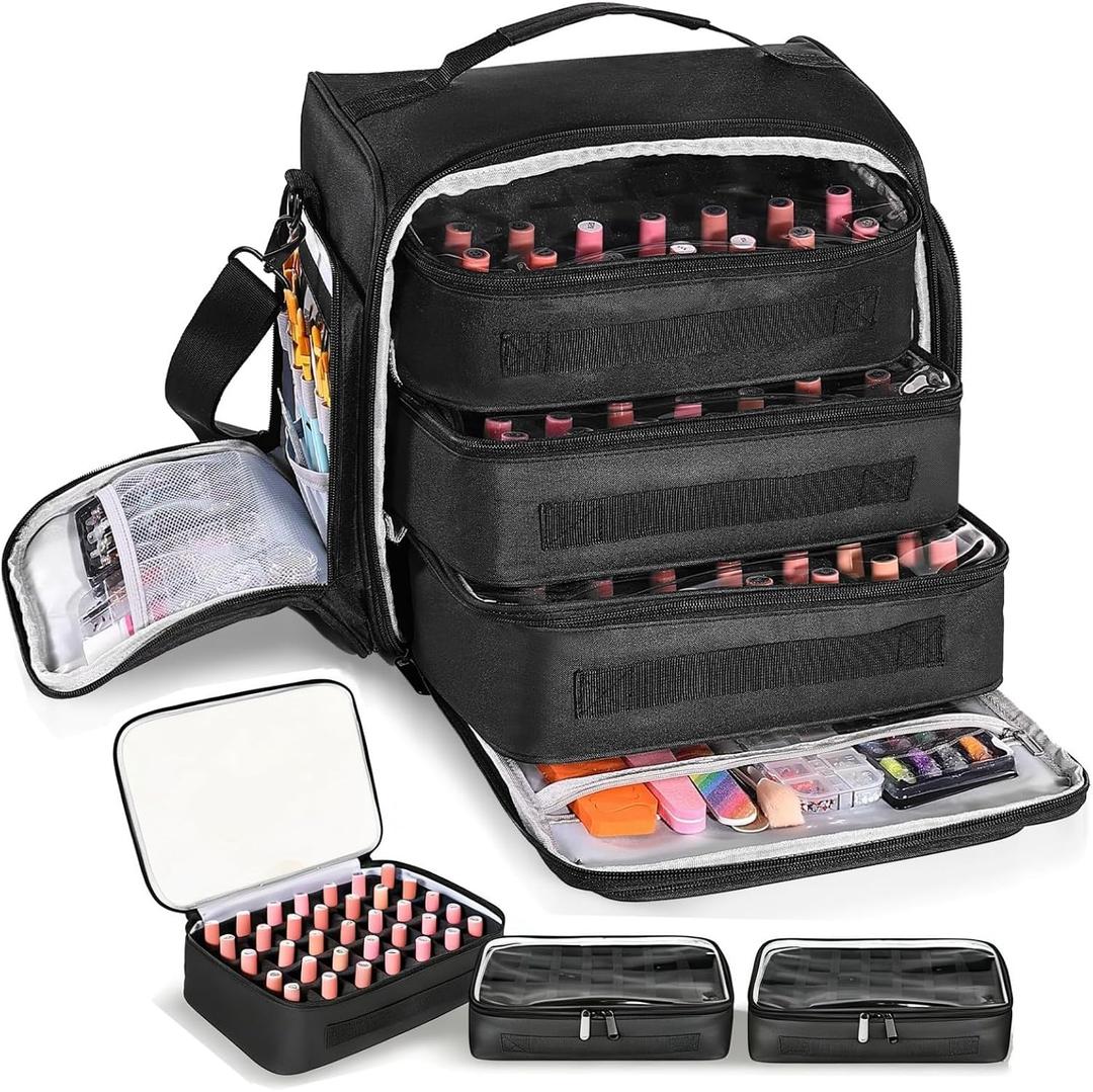 Nail Polish Organizer Holds 105 Bottles, Extra Large Capacity with 3 Removable, Pouches Portable Manicurist Travel Bag for Manicure Tools, Nail Lamp, Black