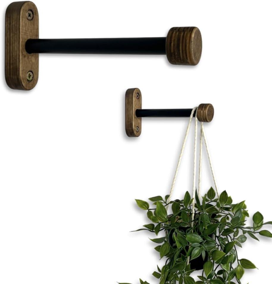 EvenWood 2-Piece Set of Wooden Plant Hooks for Wall with Sturdy Metal Tube - Plant Wall Hanger for Pots, Flower Brackets - Bracket Plant Hanger for Indoor and Outdoor Decorations (Walnut, 6 Inch)