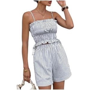 OYOANGLE Women's 2 Piece Summer Outfits Striped Ruffle Camisole Top and Elastic Waist Casual Shorts Sets Size M