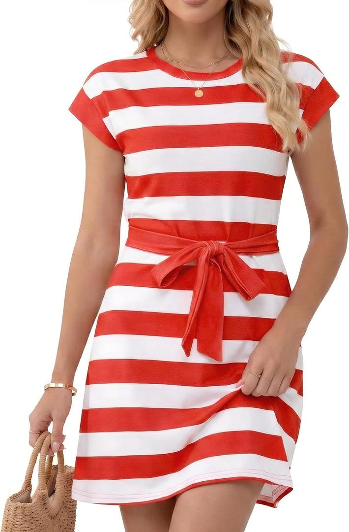 Women's Summer Dresses 2026 Striped Cap Sleeve Crewneck Casual A-Line T-Shirt Dress with Tie Waist Pockets Red L