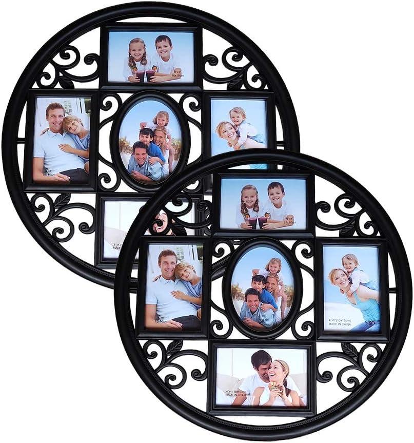 MKUN 2Pack of 4x6 Wall Photo Collage Frames - Round Circular Circle Wall Hanging Picture Collage Frame with Leaf Decoration, 5- Opening (Black)