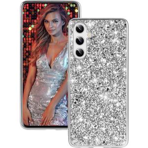 Silicone Case for Samsung Galaxy S24 FE 5G Case Glitter Sparkle Bling, Hybrid Matte Back Case High Impact Heavy Duty Shockproof Protective Cover for Samsung S24 FE Cute Case for Women 6.7" (Silver)