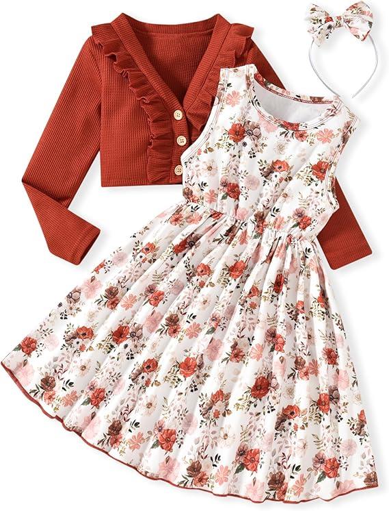 HINTINA Toddler Little Girls Dress And Cardigan Sets 2 Piece Floral Print Sleeveless Dress and Long Sleeve Cardigan Set, Size 130