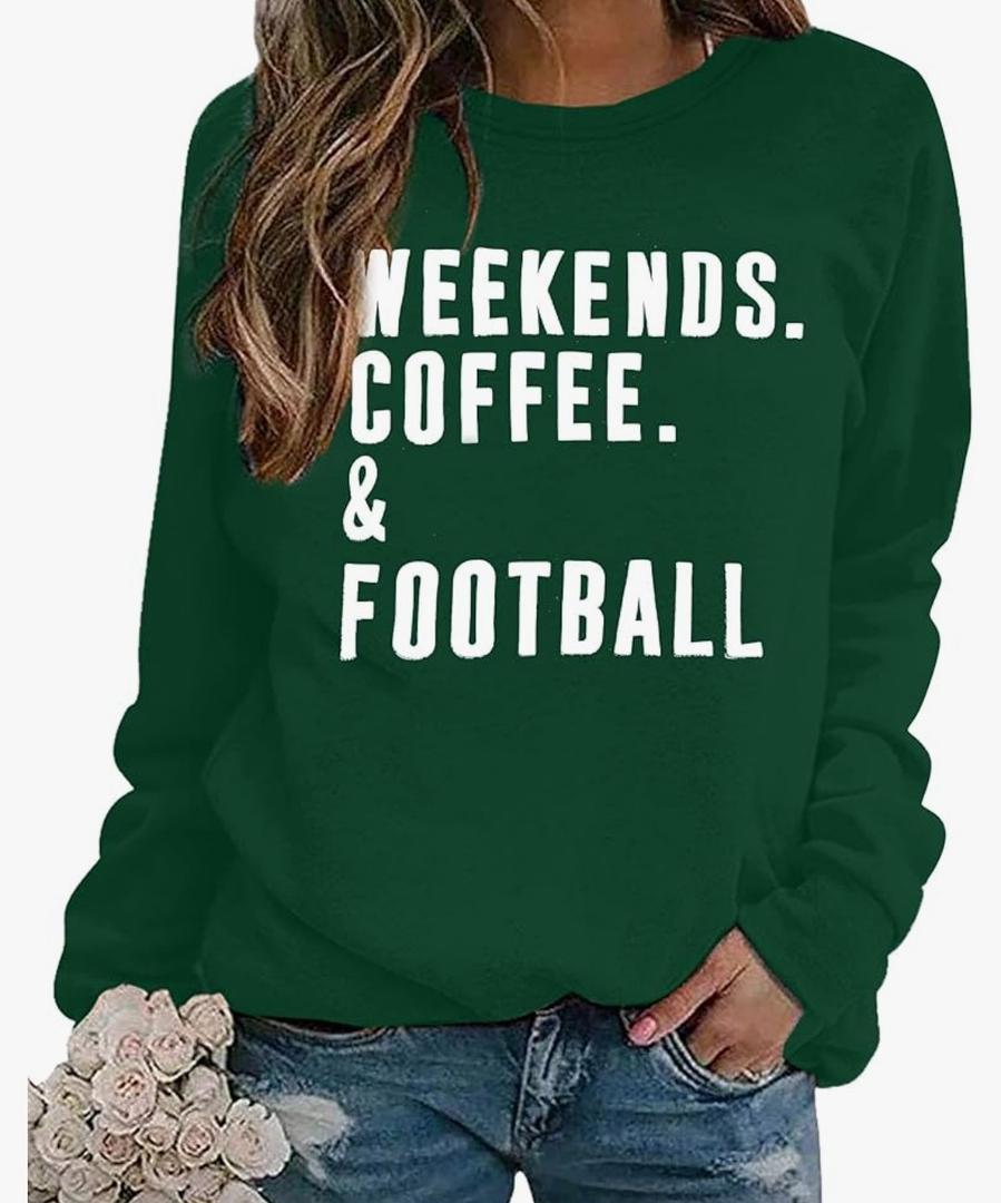 EGELEXY Football Game Day Sweatshirts Weekends Coffee and Football Sweatshirt Women Football Mom Crewneck Pullover 2 XL, Green