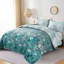 WONGS BEDDING Floral Quilt Set Queen Size, 3 Pieces Aqua Botancal Leaves Bedspread Coverlet Set with 2 Pillowcases for All Season, Soft Microfiber Floral Bedding Set 96"90"