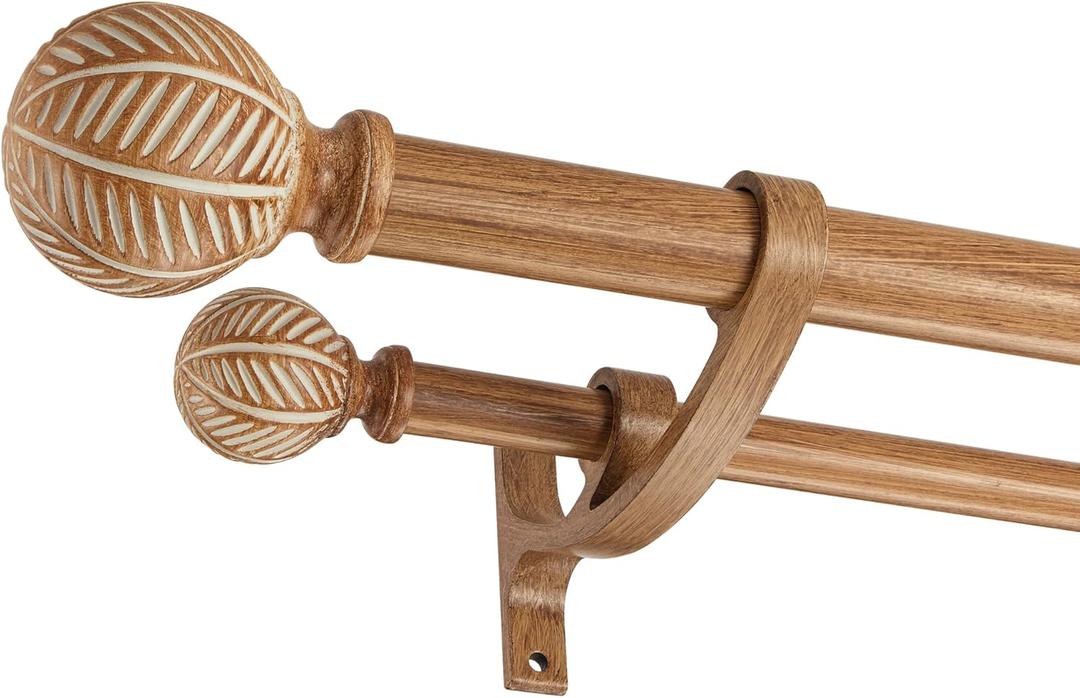 Wood Double Curtain Rods Set for Windows 36 to 72 Inches (3 to 6 ft), Adjustable Heavy Duty Dual Drapery Rods, 1 Inch Boho Rustic Decorative Design with Imitation Wood Grain Leaf Finials
