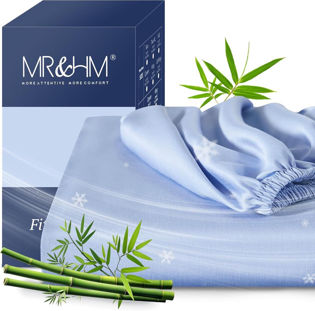 MR&HM Queen Fitted Sheet Only, Ultra-Soft Rayon Derived from Bamboo & Polyester Blend, Silky & Breathable, 15" Deep Pocket with Elastic Straps, Cooling Fitted Sheet for Hot Sleepers, Light Blue