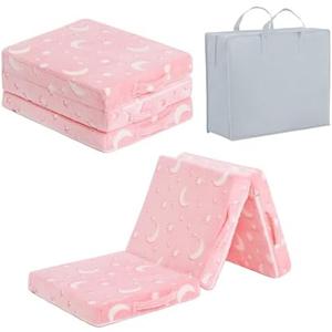 Tiita Trifold Floor Mattress for Kids, Glow in The Dark Baby Kids Futon with Removable Cover, Portable Foam Toddler Nap Mat with Storage Bag for Girls and Boys, Pink Moon
