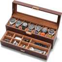 Watch Case Box for Men - 7 SLots Watches Storage Organizer Real-Glass Display Case with Jewelry Drawer 2-Layer PU Leather Collection Holder Gift for Loved Ones Brown