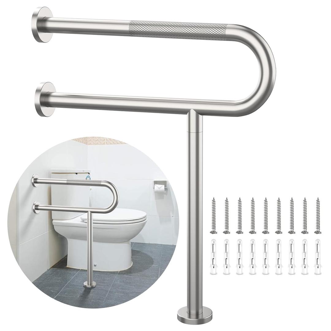 Toilet Support Rail 23.4X 28 Inch, Munzong Anti-Slip Satin Brushed Nickel Handicap Grab Bar for Bathroom, Stainless Steel Knurled Safety handrails with Leg for Elderly Disabled Pregnant-1.25Tube