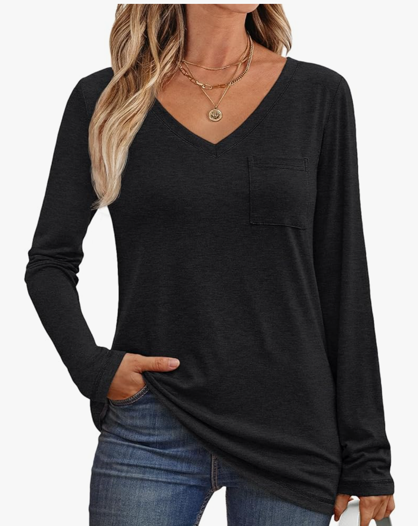 AUTOMET Womens Long Sleeve Shirts V Neck Casual Tops with Pockets Loose Dressy Basic Fall Outfits Clothes Winter Trendy 2025,S Size, Pack of 2 Black