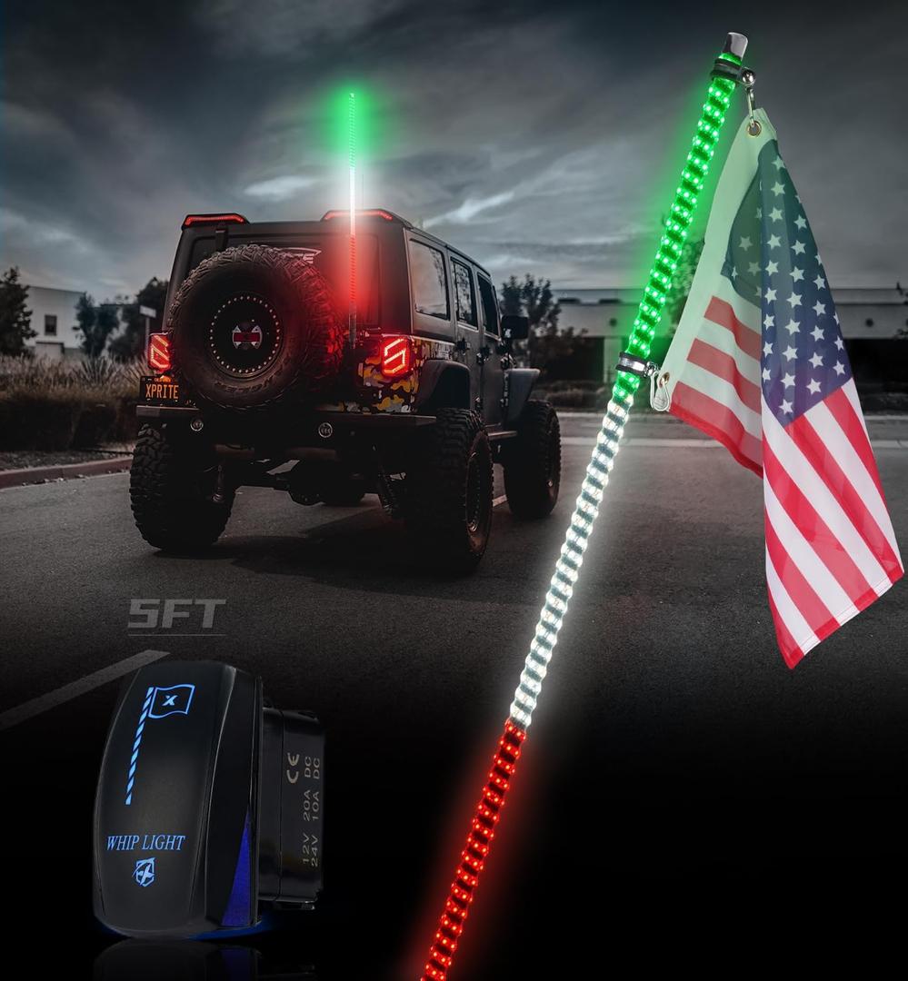 Xprite 1PC 5FT Green White Red Spiral LED Whip Lights with Built-in Spring Base, Safety Lighted Antenna Whip w/American Mexico Flag, Compatible with SXS ATV UTV Polaris RZR Truck Jeep