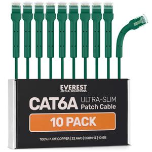 Everest Ultra Slim Cat6a Ethernet Patch Cables 15ft (10-Pack) Green - 10GB Cat 6a Patch Cable - Bendable, Flexible & Thin Ethernet Cable - Space Saving 32AWG 550MHZ Cat6a Cables - 100% Copper Wires