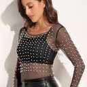 Women's Pearl Rhinestone See Through Long Sleeve Mesh Blouse One Piece Cover Up Halloween Festival Crop Top