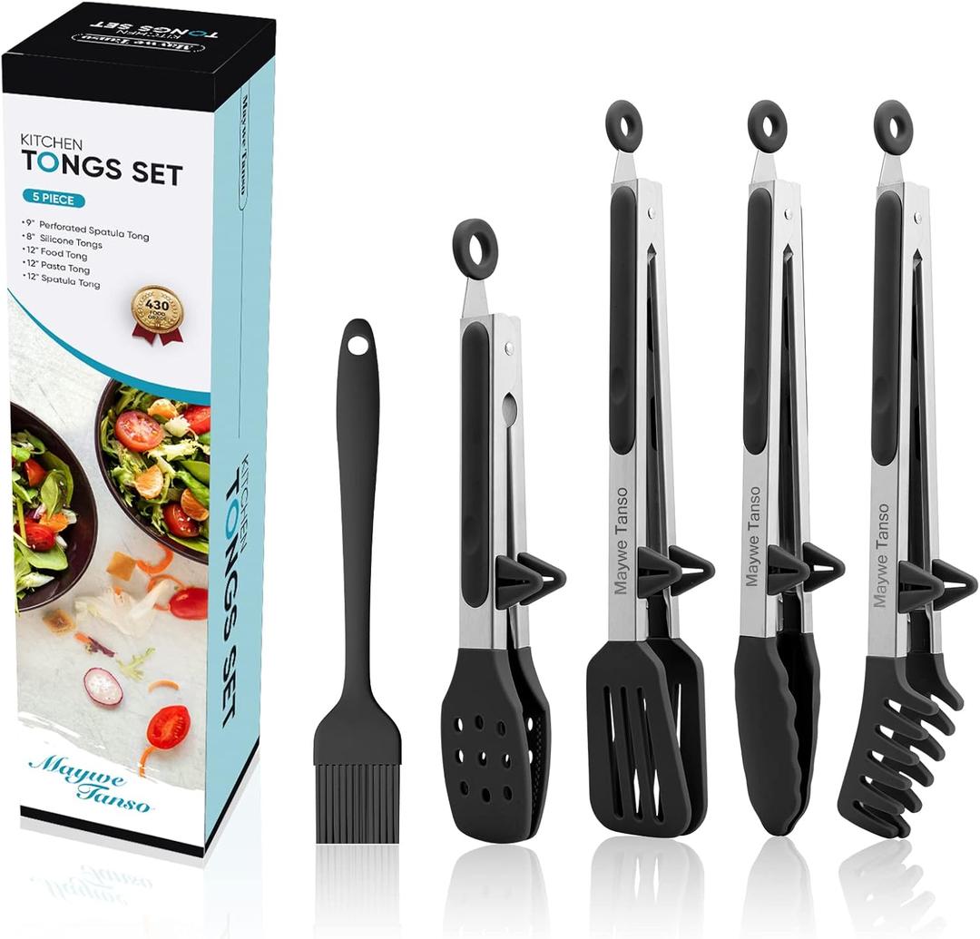5-Pack Silicone Tongs for Cooking,Maywe Tanso 4PCS 13-Inch Kitchen Tongs with Silicone Tips,Nonstick Stainless Steel Tong for Steak Pie Pizza Pasta Spaghetti Salad BBQ Buffet,Plus Brush