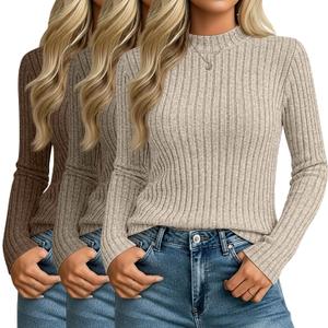 Riyiper 3 Pack Women's Mock Neck Sweaters, Long Sleeve Lightweight Tops Casual Soft Sweaters Knit Slim Fitted Basic Pullover (Large, Brown, Coffee, Apricot)