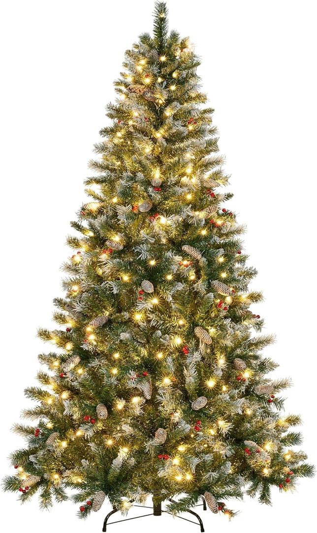 Yaheetech 6ft Pre-lit Frosted Artificial Hinged Christmas Tree with 818 Flocked PVC Tips,62 Pine Cones,62 Holly Berries & 250 Warm White Lights,Foldable Stand,Green