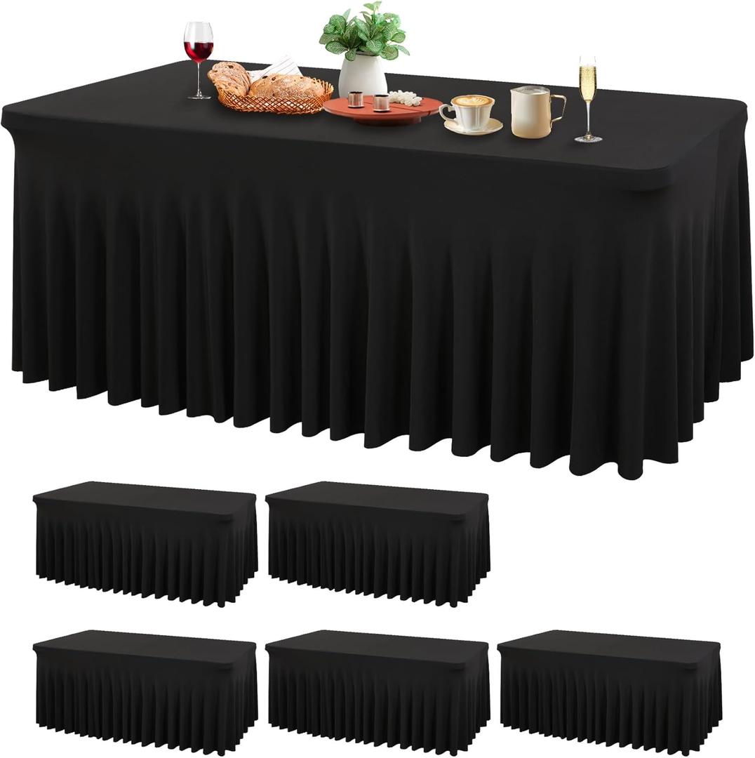 Wish Care 6 Pack Black Spandex Table Cloths for Rectangle Tables 8ft - One-Piece Wrinkle Free Fitted Table Cover 8 Foot Table Stretch Tablecloths for Party, Banquet, Wedding and Events