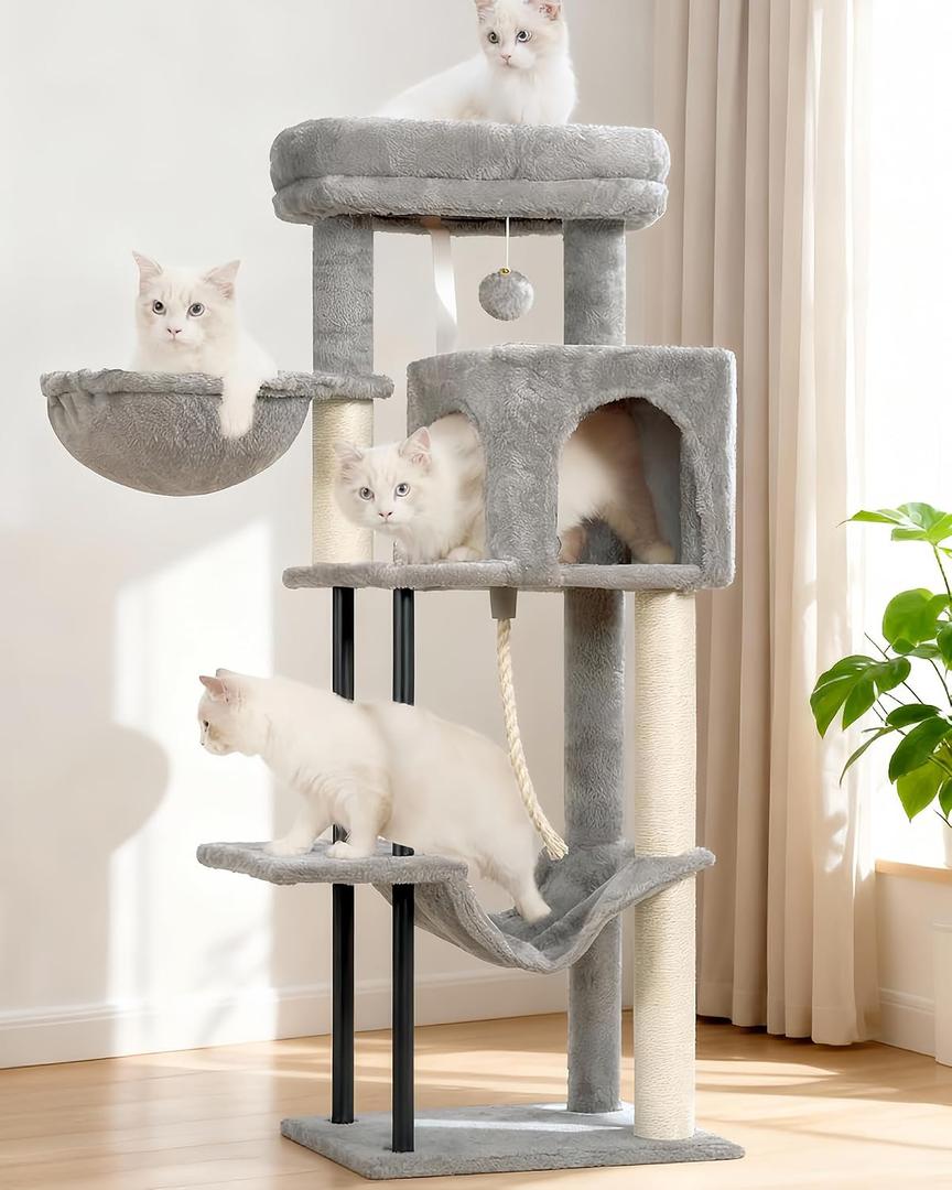 Gitelsnour Cat Tree, 43.3'' Cat Tower with Hammock for Kittens GCT004SW | Cat Condo House for Small Indoor Cats, Basket, Scratching Post, Large Platform, Sturdy Steel Tube, Sisal Rope, Light Gray