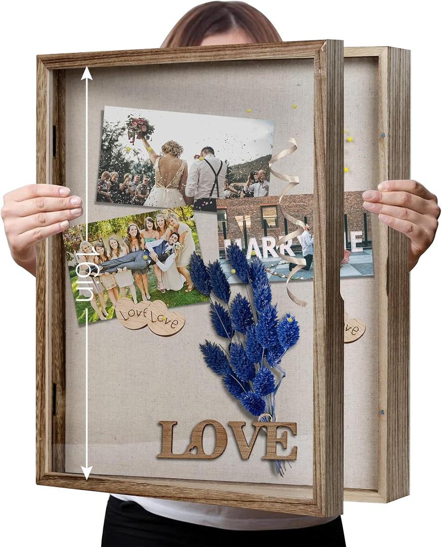 Shadow Box 13x16 Display Linen Background and 8 Stick Pins Solid Wood Memory Box Display Case for Photo, Sports Memorabilia, Awards, Medals, and Tickets