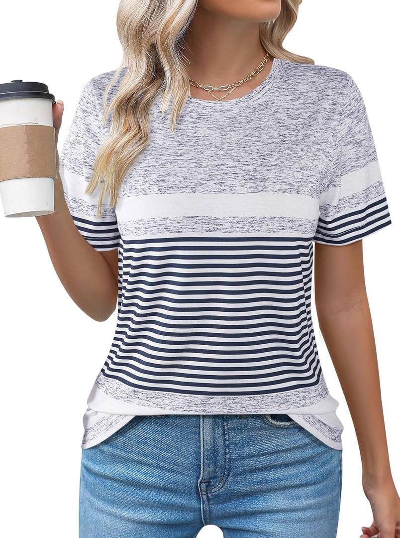 LilyCoco Womens Striped Shirt Color Block Crewneck Short Sleeve T Shirt Grey X-Large (Gray, XL)