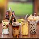 Drinking Glasses with Bamboo Lids and Glass Straw 4pcs Set - 16oz Glass Cups, Iced Coffee Glasses, Cute iced Tea Glasses, Beer Glasses, Ideal for Coffee Bar Accessories, Aesthetic Gift - 2 Brushes