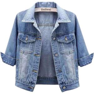 Unilexi Women's 3/4 Sleeve Colored Cropped Denim Jacket Light Wash Short Jean Jacket Trucker Coat,Large