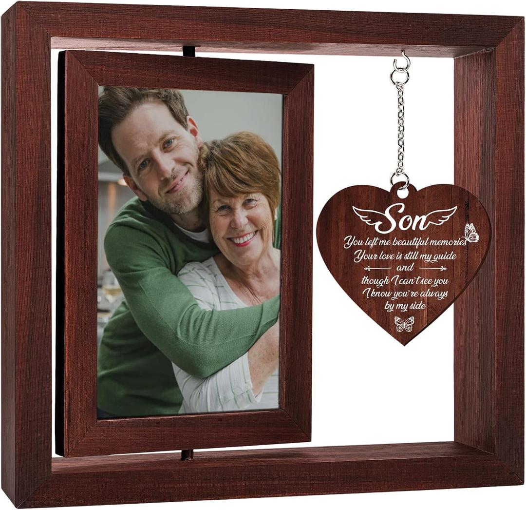 Vetbuosa Memorial Gifts for Loss of Son,Rotating Wooden Picture Frame, Sympathy Gift Keepsake, Healing Grief Gift for Loss of Son, Remembrance for Funerals, Memorial Ceremonies, Fits 4x6 In Photo