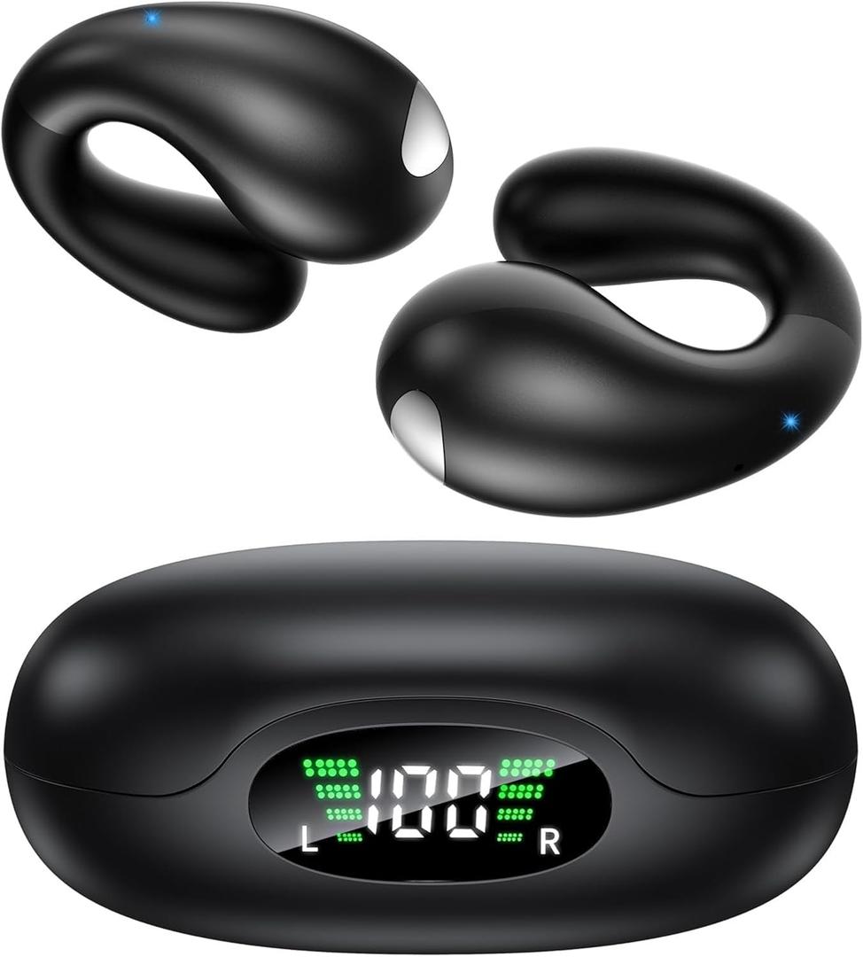 Open Ear Earbuds, Clip on Earbuds Bluetooth 6.1 Wireless Earbuds with LED Power Display 50H Playtime Bone Conduction Earbuds with Waterproof Design Open Ear Headphones for Running Workout Cycling