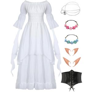 Oumbivil 7 Pcs Women Renaissance Dress Adult Pirate Costume Medieval Viking Fairy Victorian Cottagecore Corset (3X-Large, White)