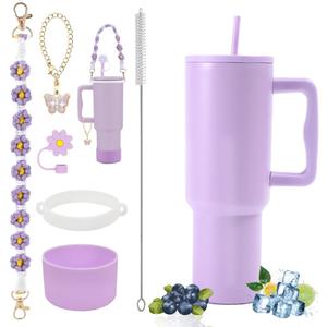 40 oz Tumbler with Handle Straw and Accessories, Drop & Abrasion Resistant, Vacuum Double-Layer Insulation, Ideal for Camping, Fitness, Outdoor Use (Lavender)