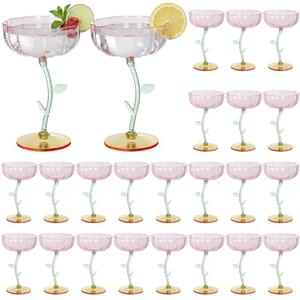 Yiyiring 24 Pcs Flower Detachable Martini Glasses, 7oz Plastic Cocktail Glasses, Flower Edge Wavy Mimosa Champagne Glass Coupe Unbreakable Glassware for Wine Wedding Valentine Party(Pink)