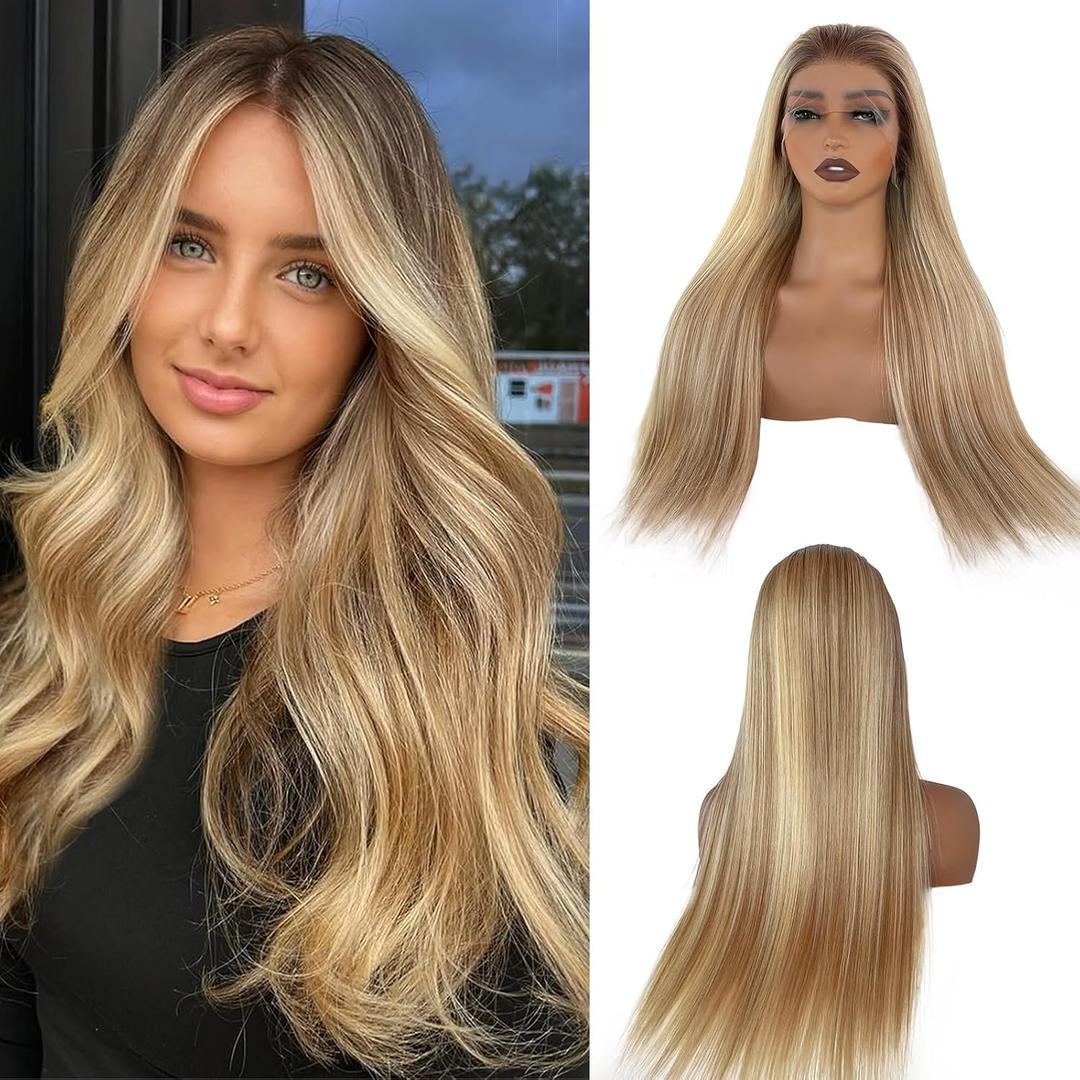 Highlight Ombre Lace Front Wigs Human Hair 13x6 Straight Golden Blonde to Medium Blonde with Brown Roots HD Transparent Lace Frontal Wig for Women 180% Density Pre Plucked with Baby Hair 16 Inch