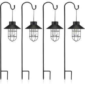 Retisee 4 Pack 31 Inch Hanging Solar Light Outdoor with Shepherd Hook Solar Lanterns Outdoor Waterproof Metal Garden Lantern for Patio Yard Lawn Pathway Driveway Markers(Black)