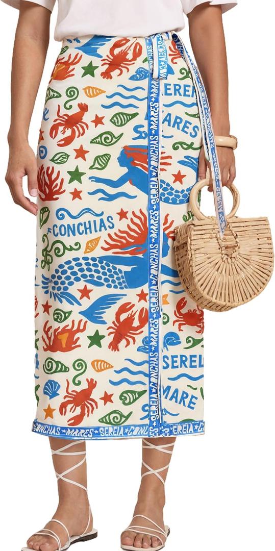 Women’s Floral Print Wrap Skirts Boho Tie Knot Skirt High Waist Causal Cute Flower Graphic Long Skirts Beachwear 2025 (M)