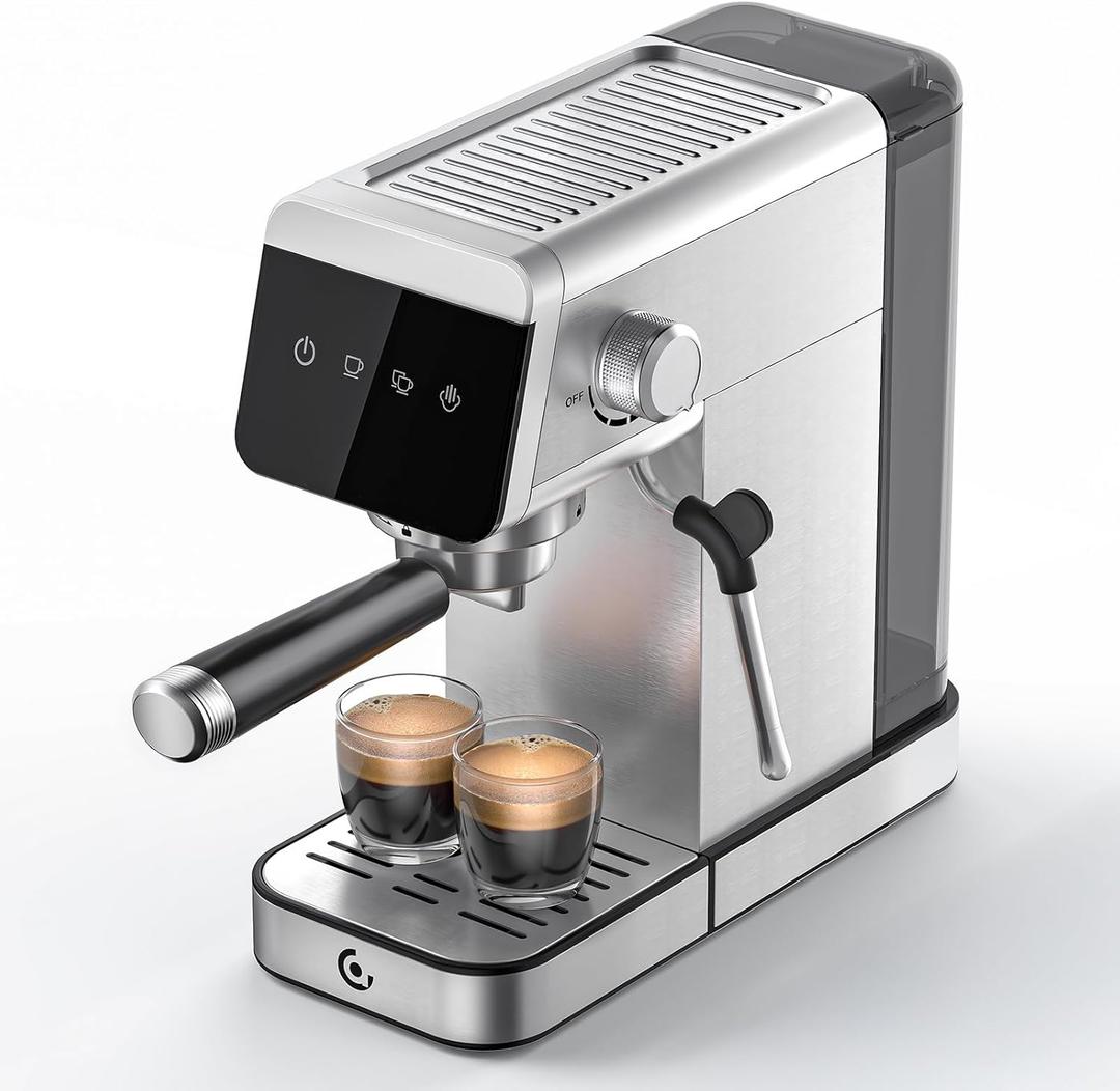 AMZCHEF Espresso Machine with LED Touchscreen, 20Bar Pump Pressure System, for Brewing Rich Coffee, Creamy Cappuccino, and Smooth Latte - Compact Design Home Appliance, Ideal Gift Choice, Silver